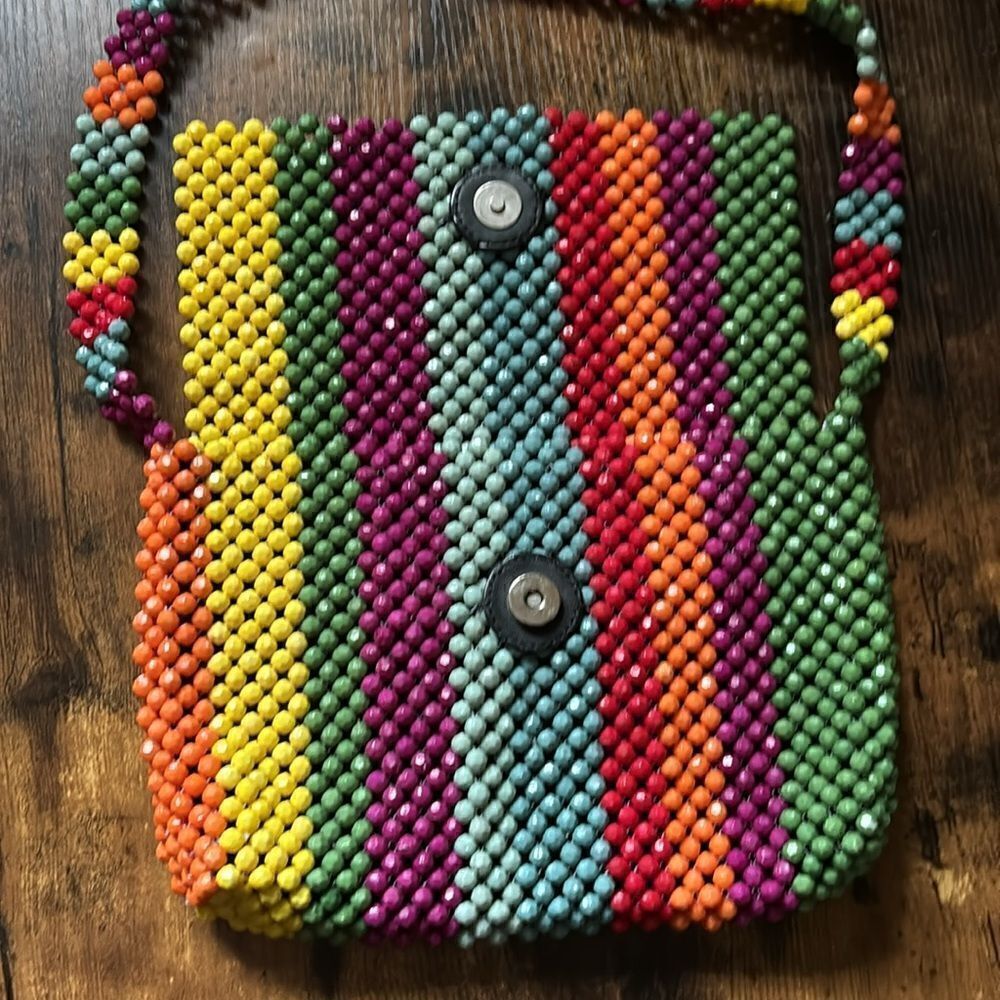1970’s Cynthia Rowley Rainbow Stripe Beaded Multicolor Crossbody Ba.g - Picture 5 of 11